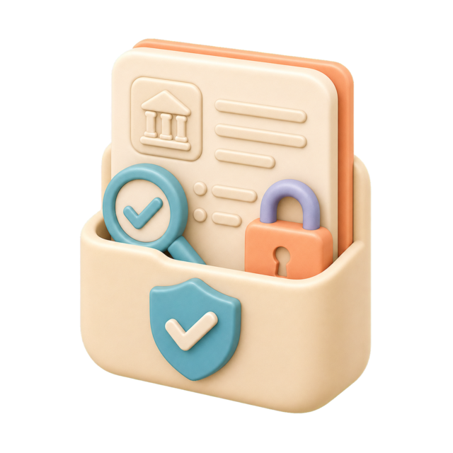 Soft documentation folder with public record check, shield, and privacy lock.