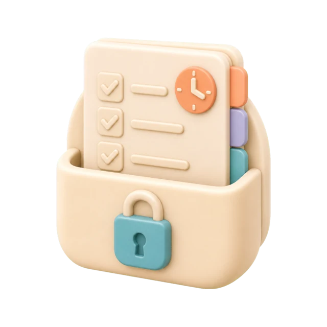 Soft silicone document pack organised by checklist, lock and verified handoff