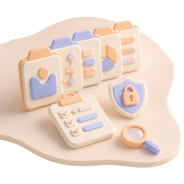 Pastel silicone employer route files, checklist, privacy shield, and magnifier emerging from a square debossed well.
