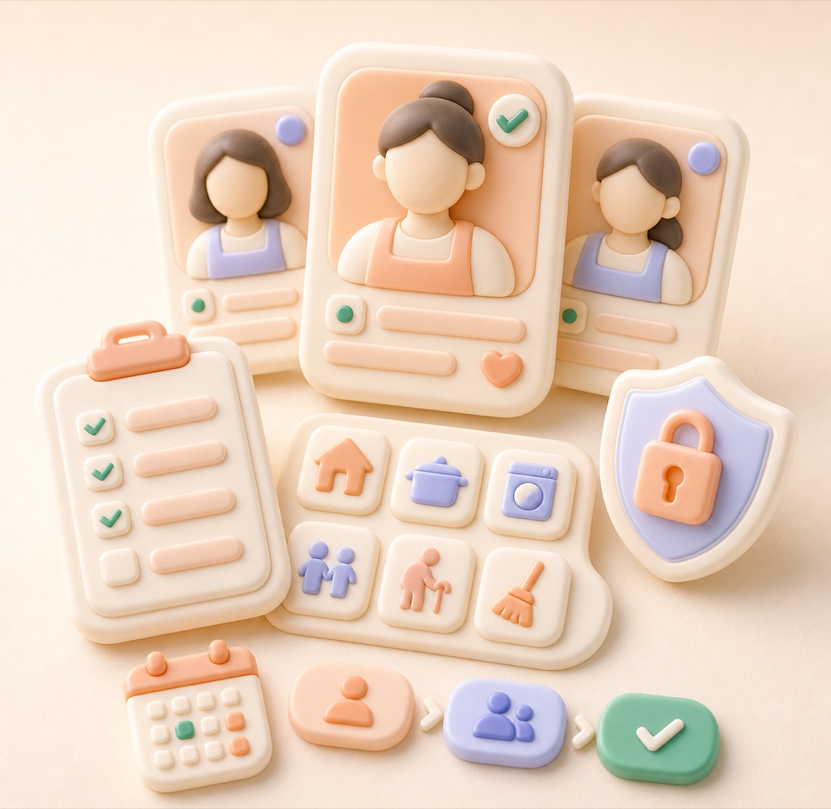 Soft silicone anonymous helper shortlist objects with profile cards, care tokens, a checklist, and a privacy shield.
